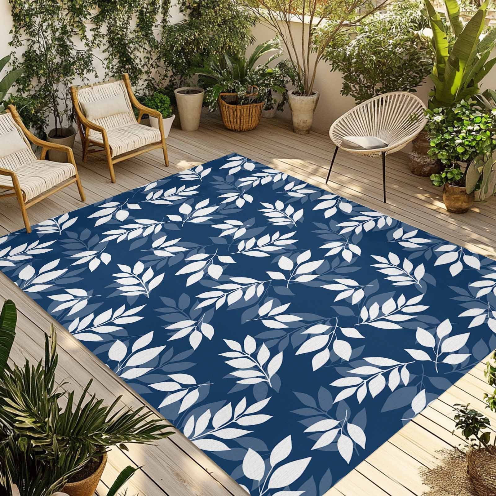 Blue Leaves Outdoor Rug 4x6 Ft - Reversible Patio Rug Outdoor Camping Rugs, Farmhouse Pastoral Spring Leaf Branch Washable Indoor Outdoor Area Rugs, Non-Slip Outdoor Carpet Runner for Deck/Porch