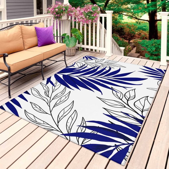 Blue Leaves Outdoor Rug for Patio/Deck/Porch, Non-Slip Large Area Rug 5 x 7 Ft, Abstract Modern Geometric Lines Simple Art Indoor Outdoor Rugs Washable Area Rugs, Reversible Camping Rug Carpet Runner