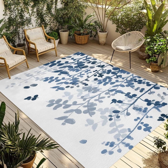Blue Leaves Outdoor Rug for Patio/Deck/Porch, Non-Slip Large Area Rug 6 x 9 Ft, Summer Botanical Indoor Outdoor Rugs Washable Area Rugs, Reversible Camping Rug Carpet Runner