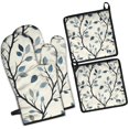 thumbnail image 1 of Blue Leaves Pattern Kitchen Oven Mitt and Pot Holder Sets 4 Pcs for Baking, Cooking and Grilling, Heat Resistant Up To 392 °F, 1 of 7