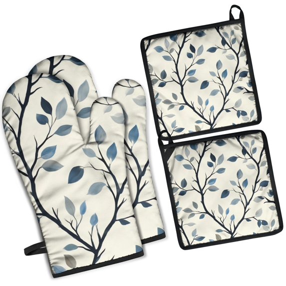 Blue Leaves Pattern Kitchen Oven Mitt and Pot Holder Sets 4 Pcs for Baking, Cooking and Grilling, Heat Resistant Up To 392 °F