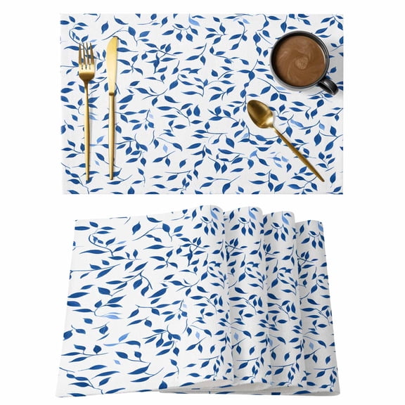Blue Leaves Placemats Set of 1, American Pastoral Spring Farmhouse Leaf Non-Slip Place Mats Washable Table Mats for Kitchen Dining Table Decorations Indoor/Outdoor