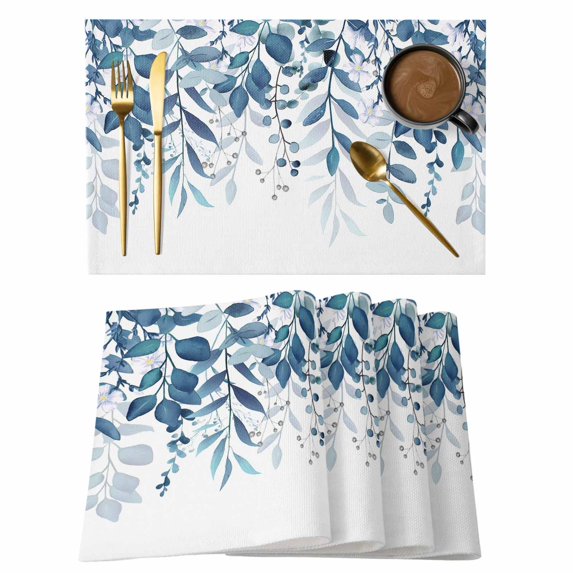 Blue Leaves Placemats Set of 12, Summer Botanical Placemats for Dining Table, Place Mats for Kitchen Tabletop, Waterproof Wipeable Dining Table Mats Set