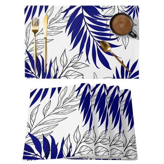 Blue Leaves Placemats Set of 6, Abstract Modern Geometric Lines Simple Art Placemats for Dining Table, Place Mats for Kitchen Tabletop, Waterproof Wipeable Dining Table Mats Set