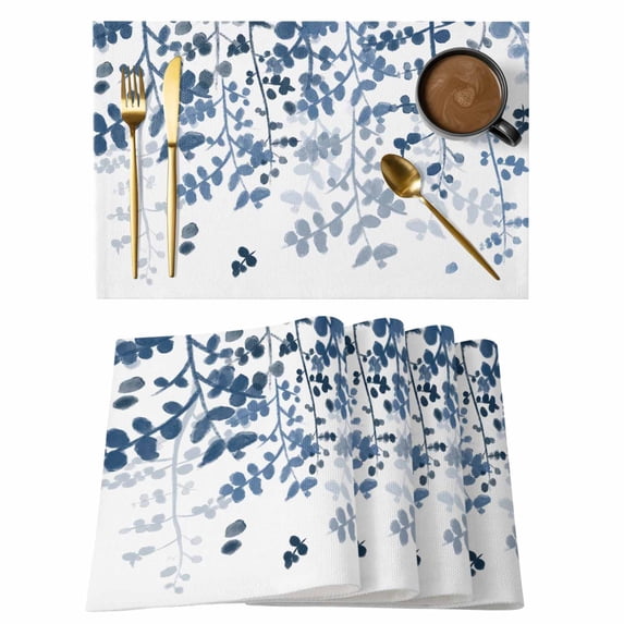 Blue Leaves Placemats Set of 6, Summer Botanical Placemats for Dining Table, Place Mats for Kitchen Tabletop, Waterproof Wipeable Dining Table Mats Set