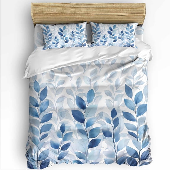 Blue Leaves Plants Twin Size Comforter Set, Blue Gradient Country Watercolor Soft Bedding for All Seasons, 4 Pcs Bed Set with 1 Comforter (68"x86") ,1Sheet(66"x116"), 2 Pillowcases (19"x29")