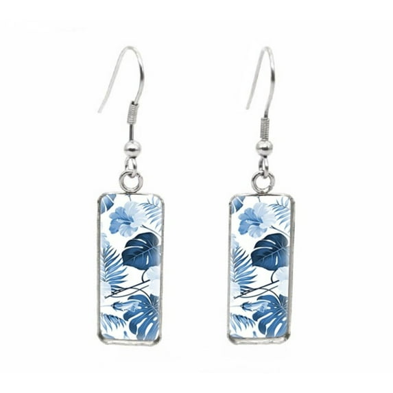 Blue Leaves Rectangular Drop Earrings