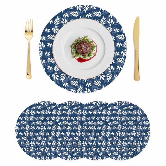 Blue Leaves Round 13 Inch Placemats Set of 4, Farmhouse Pastoral Spring Leaf Branch HeatResistant Non Slip Place Mats for Dining Table, Wipeable Braided Kitchen Table Mats for Housewarming