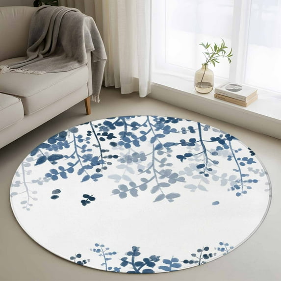 Blue Leaves Round Area Rug 4Ft Washable Circle Rugs for Bedroom Dining Room, Summer Botanical Non-Slip Carpet Floor Mats Indoor Outdoor Carpet Runner Aesthetic Home Decor