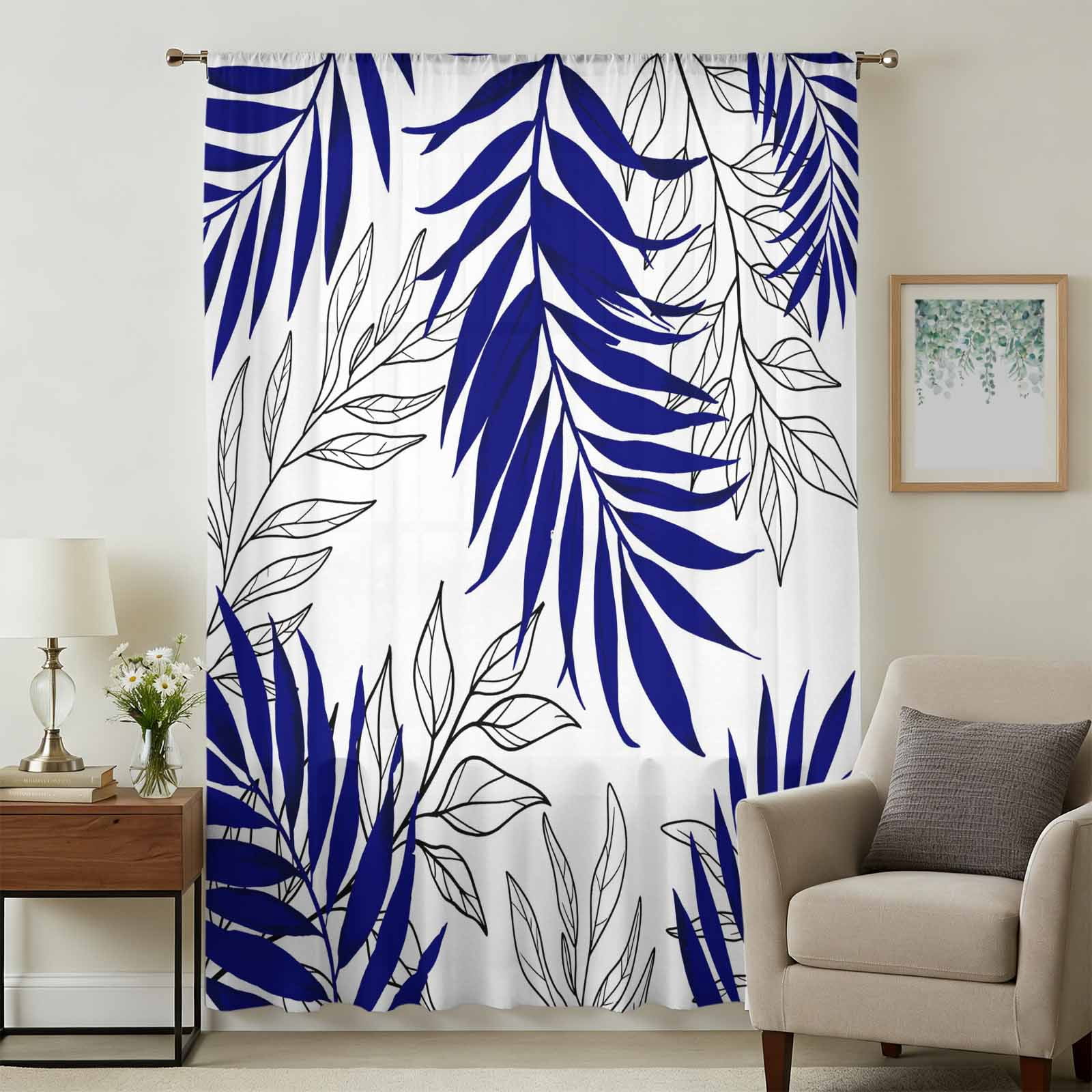 Blue Leaves Sheer Curtains 84 Inches Long, Abstract Modern Geometric ...