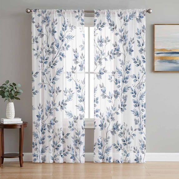 Blue Leaves Sheer Curtains 96 Inch Length 2 Panels Set Window Treatments, Summer Botanical Elegant Pastoral Rod Pocket Semi Curtains for Living Room/Bedroom/Kitchen Décor, 104"W x 96"L