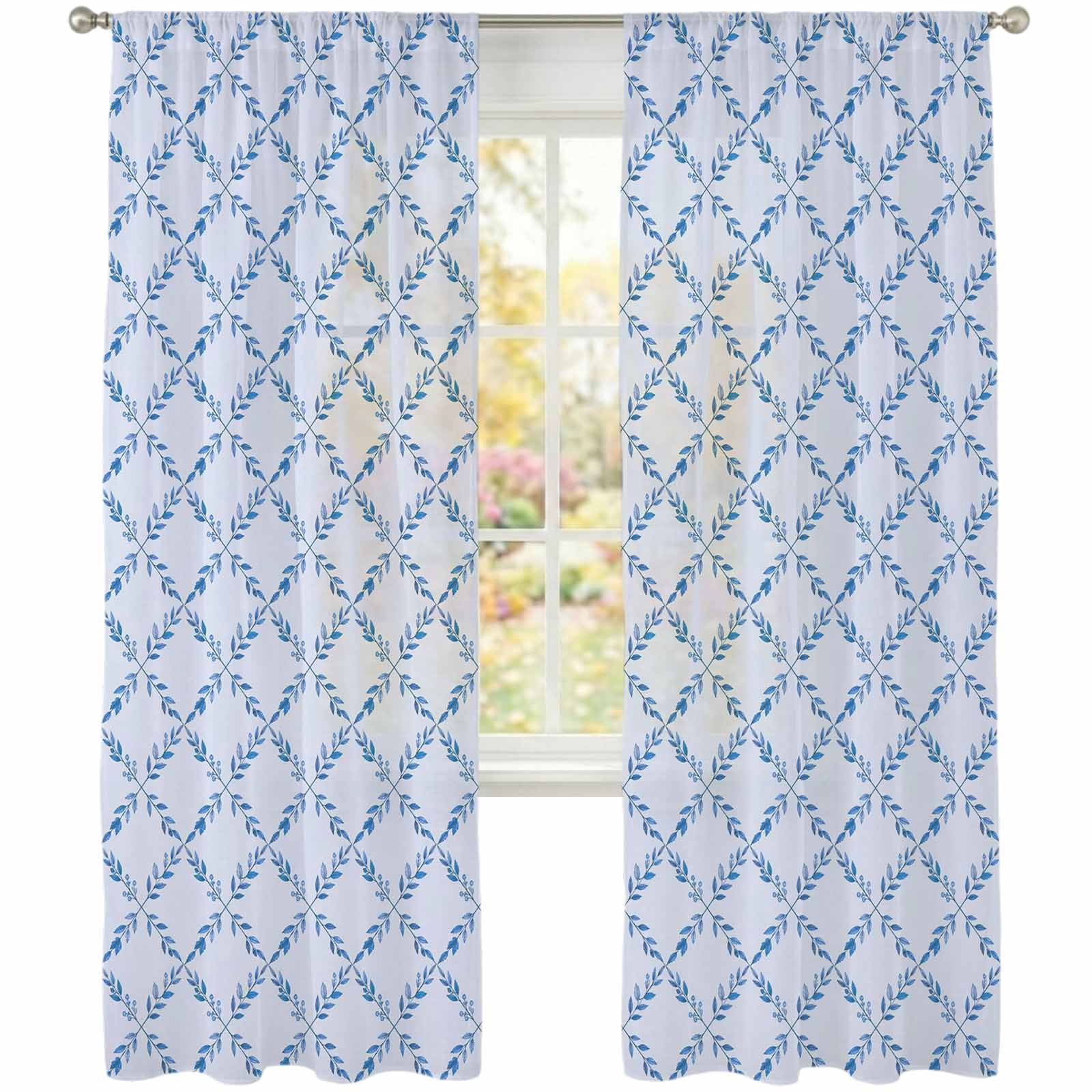 Blue Leaves Sheer Curtains 96 Inch Long 2 Panels Minimalist Botanical ...