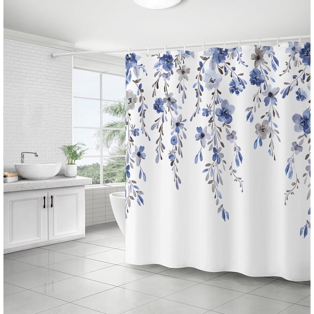 Blue Leaves Shower Curtain,Watercolor Plant Flower Waterproof Mould Proof Resistant Polyester Fabric Non-Toxic Fabric Machine-Washable, 71" W x 71" H with 12 Hooks