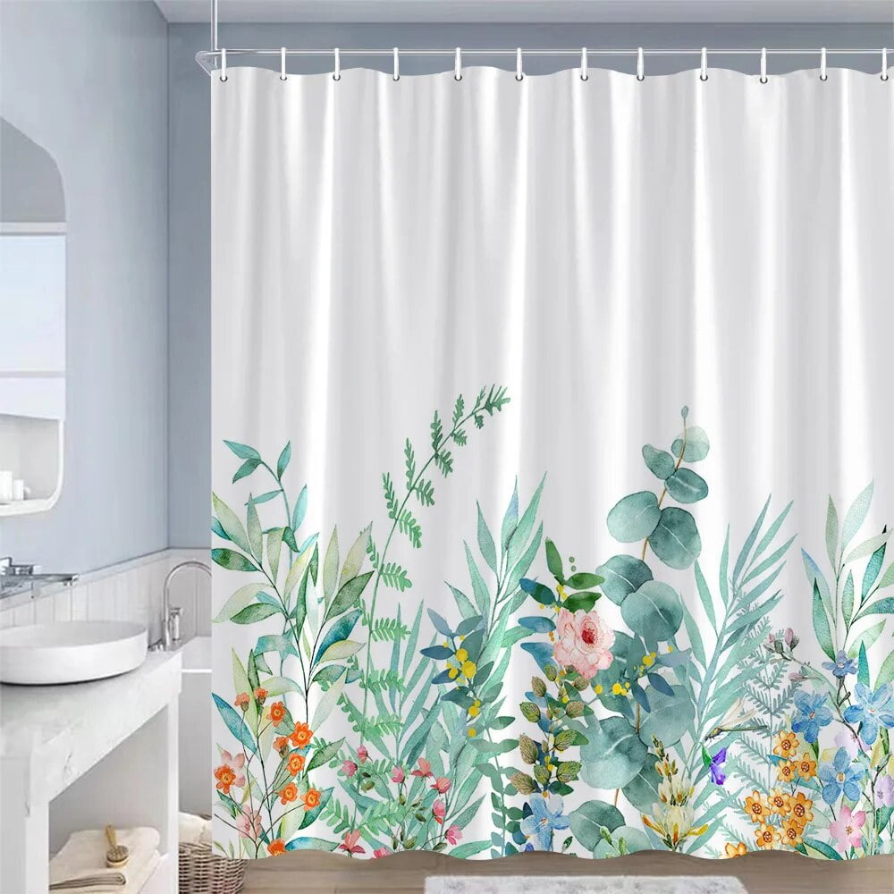 Blue Leaves Shower Curtain Watercolour Plant Eucalyptus Leaf Modern