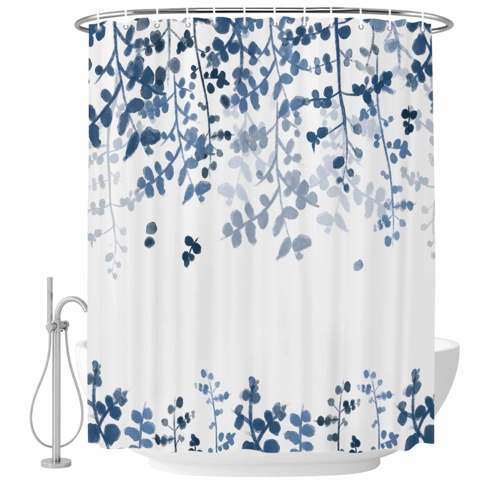 Blue Leaves Shower Curtain, Waterproof Shower Curtains for Bathroom, Summer Botanical Washable Fabric Bathtub Curtain Set Bath Decor with 12 Hooks Long 72"x84"