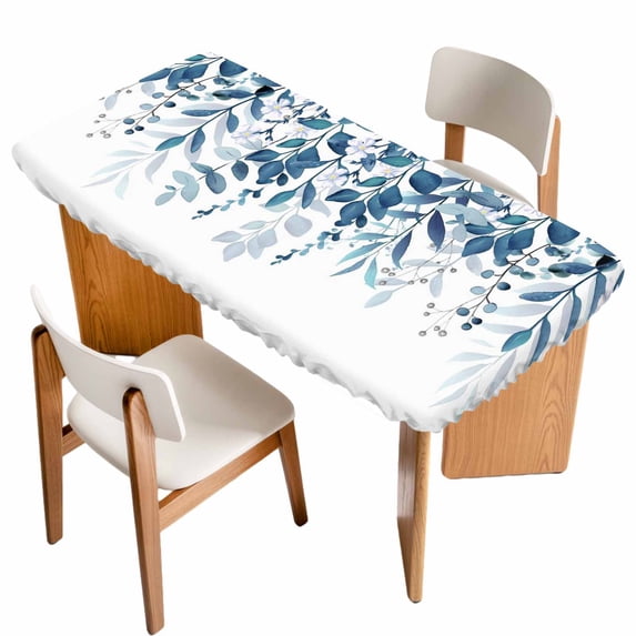 Blue Leaves Table Cloths for 4 Foot Rectangle Tables, Summer Botanical Patio Waterproof Elastic Fitted Tablecloths, Washable Rectangular Table Cover for Camping