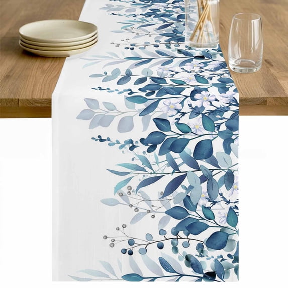 Blue Leaves Table Runner - 108 Inch Long Summer Botanical Cotton and Linen Blended Dress Scarves Farmhouse Table Runner for Kitchen Dining, Coffee Table, 13" x 108"