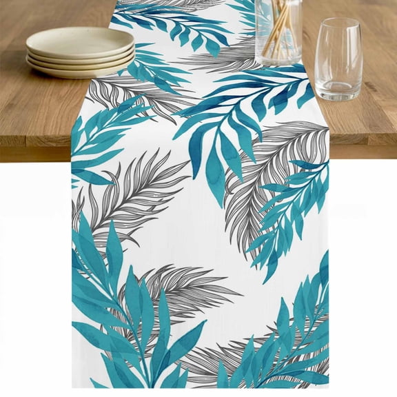 Blue Leaves Table Runner - 36 Inch Long Willow Leaf Abstract Plants Rustic Branch Cotton and Linen Blended Dress Scarves Farmhouse Table Runner for Kitchen Dining, Coffee Table, 13" x 36"