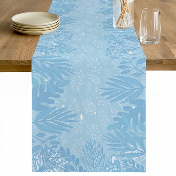 Blue Leaves Table Runner - 90 Inch Long Summer Botanical Pastoral Cotton and Linen Blended Dress Scarves Farmhouse Table Runner for Kitchen Dining, Coffee Table, 13" x 90"