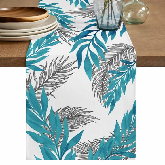 Blue Leaves Table Runner 90 Inches, Willow Leaf Abstract Plants Rustic Branch Bed Runner Dresser Scarves Tabletop for Indoor Outdoor Parties/Ceremony/Banquet, 13" x 90"