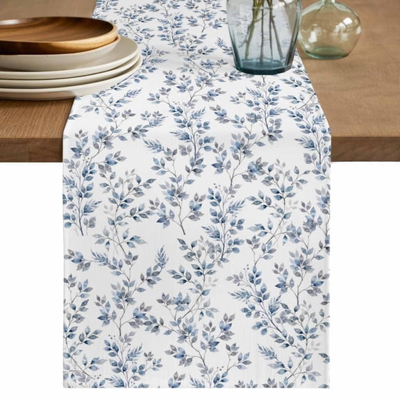 Blue Leaves Table Runner, Summer Botanical Elegant Pastoral Washable Cotton Linen Table Runners 70 Inches Long, Dresser Scarf Runner for Dining/Kitchen/Coffee/TV Stands/Cabinets 13''x70''