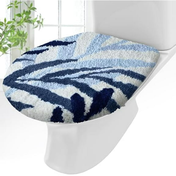 Blue Leaves Toilet Seat Covers Bathroom Toilet Lid Cover Soft Microfiber 17.5'' x 15'' Plush Tufted, Machine Washable, Adjustable Rubber Backing Fits Most Round Elongated Oblong Lids