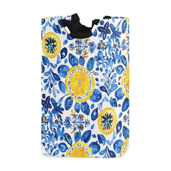 Blue Leaves Watercolor Lemon Laundry Basket with Handles Foldable Laundry Hamper Freestanding Washing Bin 50L