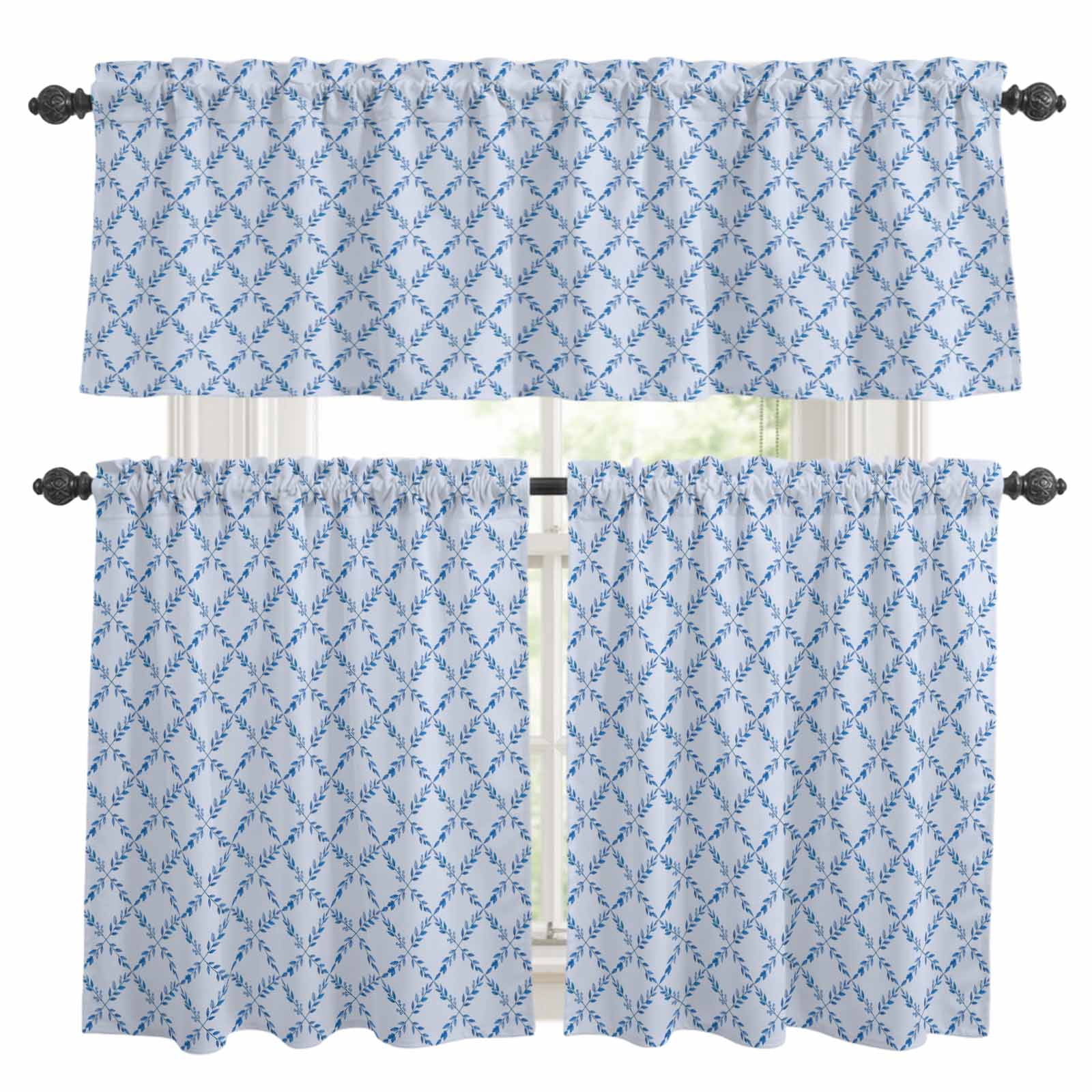 Blue Leaves Window Curtains Valance Set of 3 Minimalist Botanical Leaf ...