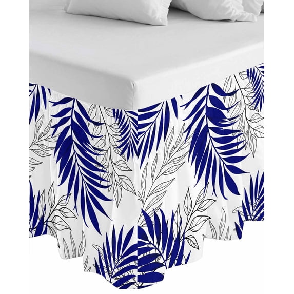 Blue Leaves Wrap Around Bed Skirts for King Bed 16" Drop,Bed Skirt with Adjustable Elastic Belt Dust Ruffle Bed Valance for Bedroom Hotel Abstract Modern Geometric Lines Simple Art Bed Frame Cover