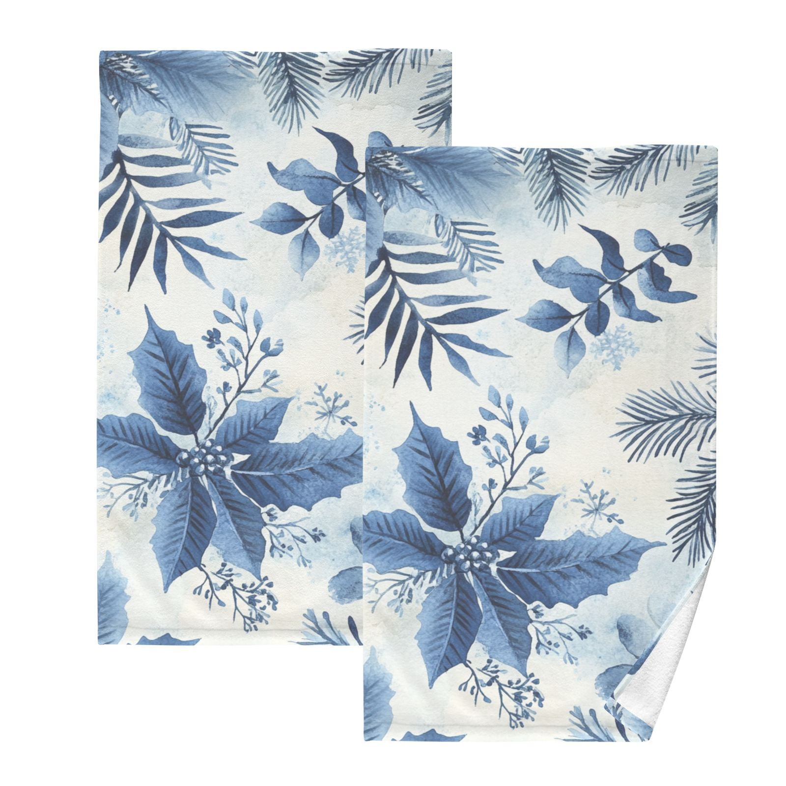 Blue Leaves and Flowers Hand Towels Cotton Bath Towels Large Face Towels Absorbent for Bathroom 2 Packs