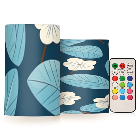 Blue Leaves and Little Flowers Flickering Flameless Candles Battery Operated with Remote Timer LED Pillar Candles Set of 2