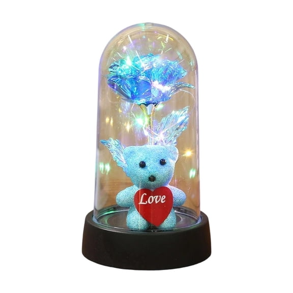 Blue Led Night Light Valentine‘S Ornament Teddy Bear With Heart And Preserved Rose 8.5X15.5Cm
