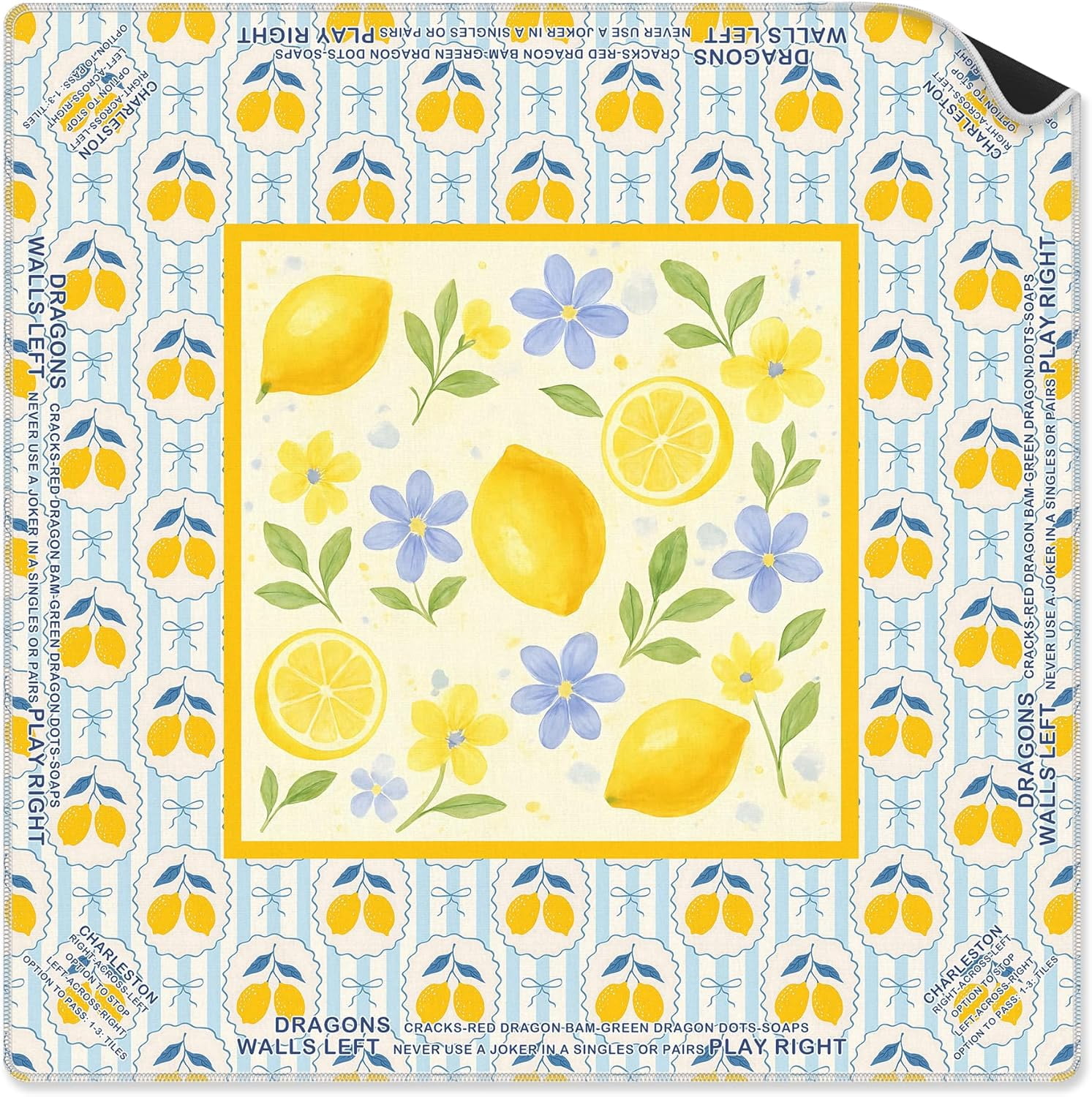 Blue Lemon Floral Mahjong Mat 31.5 x 31.5 Inch, Cottagecore Summer Italian Lemon Non-Slip Noise Reduction Mahjong Table Mat for American Mah Jong Poker Card Board Games Dominoes