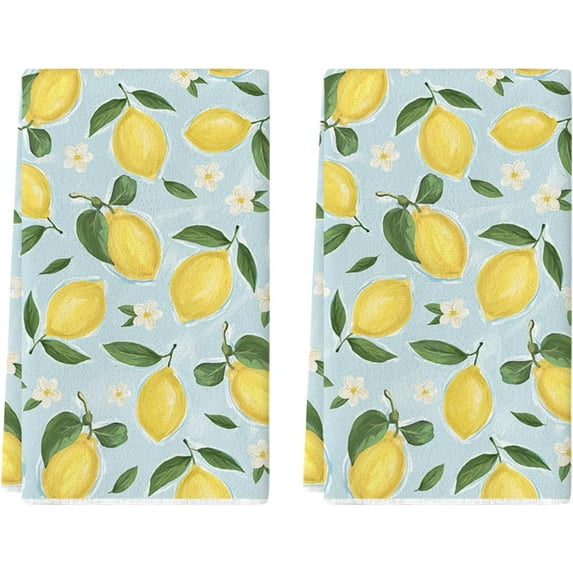 Blue Lemon Flower Floral Summer Kitchen Towels Dish Towels, 18x26 Inch Seasonal Spring Decoration Hand Towels Set of 2