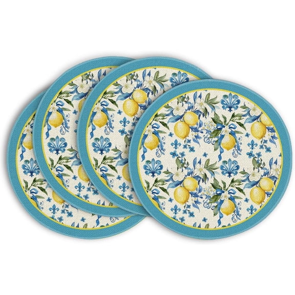 Blue Lemon Iris Round Summer Placemats Set of 4, 14 Inch Spring Round Table Mats for Dining Decoration