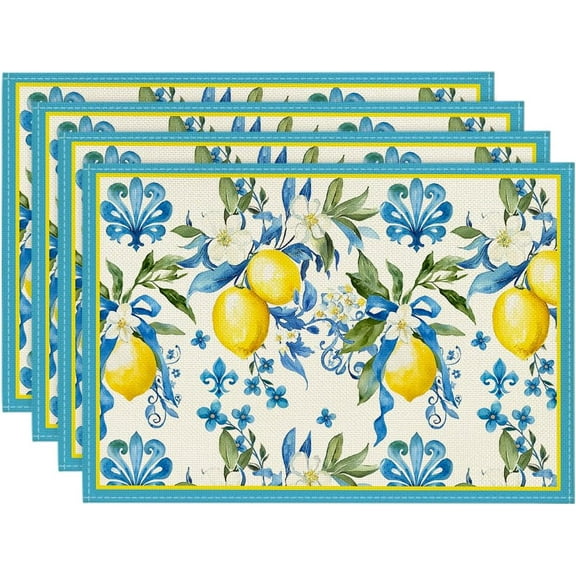 Blue Lemon Iris Round Summer Placemats Set of 4, 14 Inch Spring Round Table Mats for Dining Decoration