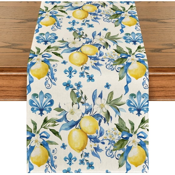 Blue Lemon Iris Summer Table Runner, Seasonal Spring Kitchen Dining Table Decor for Home Party Decor 13x72 Inch