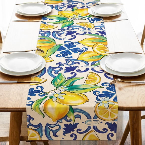 Blue Lemon Italy Tile Pattern Dining Table Runner, Amalfi Coast Italian Capri Citrus Burlap Kitchen Decoration, Summer Mediterranean Indoor Outdoor Home Decor Party Supply 13 x 72 Inches