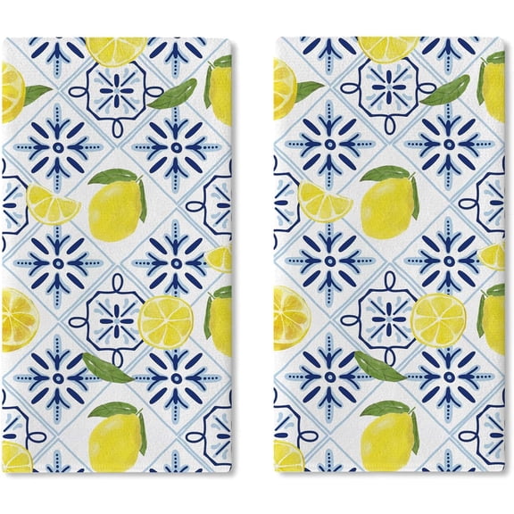 Blue Lemon Italy Tile Pattern Kitchen Dish Towels Set of 2, Amalfi Coast Italian Capri Citrus Drying Hand Towel Baking Cooking Cloth, Summer Mediterranean Bathroom Home Decoration 18'' x 26''