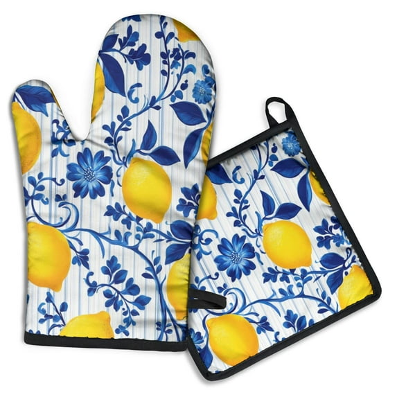 Blue Lemon Kitchen Oven Mitt and Pot Holder Sets 2 Pcs for Baking, Cooking and Grilling, Heat Resistant Up To 392 °F