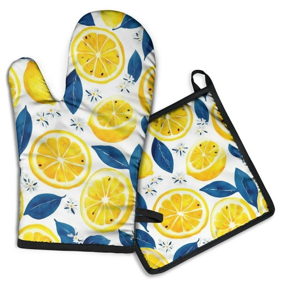Blue Lemon Kitchen Oven Mitt and Pot Holder Sets 2 Pcs for Baking, Cooking and Grilling, Heat Resistant Up To 392 °F