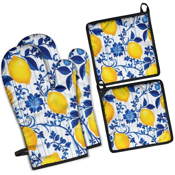 Blue Lemon Kitchen Oven Mitt and Pot Holder Sets 4 Pcs for Baking, Cooking and Grilling, Heat Resistant Up To 392 °F