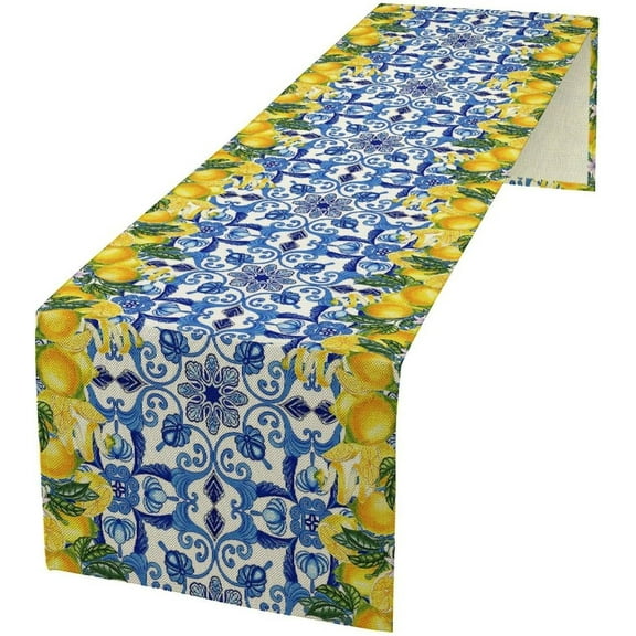 Blue Lemon Table Runner Italy Burlap Artificial Yellow Lemon Fruit Table Runners Farmhouse Coffee Table Center Decor Seasonal Spring Kitchen Dining Table Decoration for Home Party Decor 13x36 Inch
