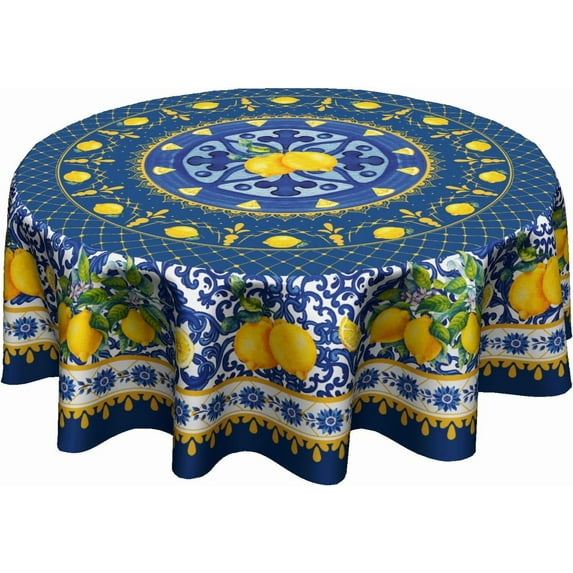 Blue Lemon Tablecloth Round 60 Inch Boho Floral Fabric Table Cover Washable Waterproof Table Cloth for Kitchen Dining Picnic Party Decor