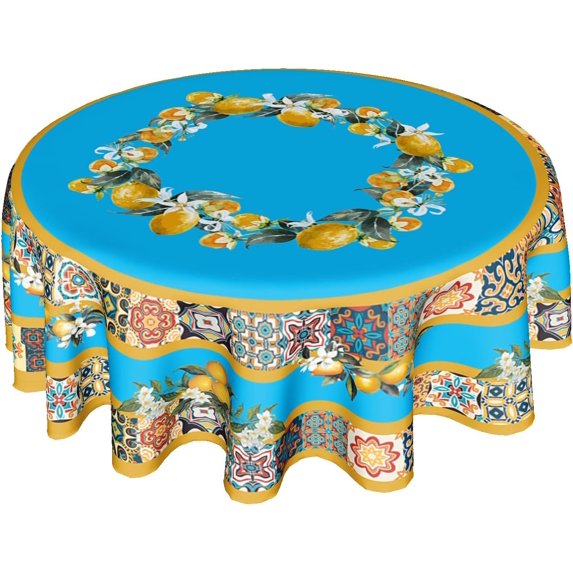 Blue Lemon Tablecloth Round 60 Inch Spring Summer Flower Table Cloth Wrinkle Resistant Boho Floral Farmhouse Table Cover Decorative for Home Kitchen Dining Indoor Ondoor Party Picnic