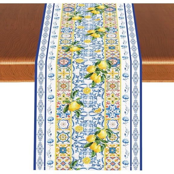 Blue Lemon Tiles Table Runner, Summer Fruit Lemon Mediterranean Ceramic Baroque Farmhouse Table Runner for Coffee Table Home Party Kitchen Dining Table Wedding Party Decor 13x90 inches