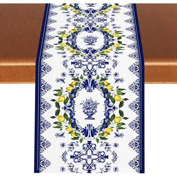 Blue Lemon Tiles Table Runner, Summer Fruit Lemon Mediterranean Ceramic Baroque Farmhouse Table Runner for Coffee Table Home Party Kitchen Dining Table Wedding Party Decor, 13x36 inches