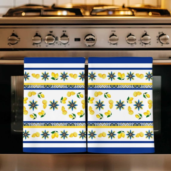 Blue Lemons Kitchen Towels Set of 2, Summer Watercolor Italian Style Flower Absorbent Dish Towels for Kitchen, Microfiber Hand Towel, Quick Drying Tea Towel for Cleaning Decorative Dishcloths