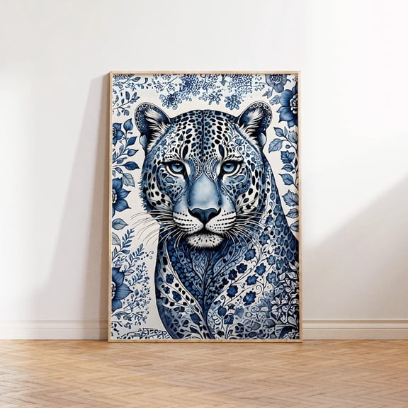 Blue Leopard Chinoiserie Animal Wall Art, Stretched Canvas Size 16x24