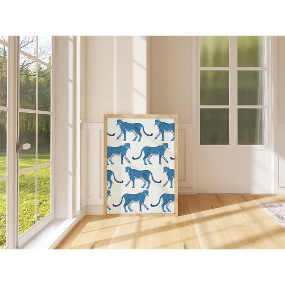 Blue Leopard Illustration Y2K Retro Animal Wall Art, Stretched Canvas Size 12x18